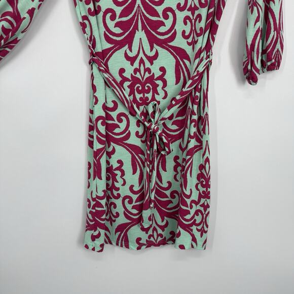 Filly Flair Tie Waist Shift Dress Size Small Mint Pink Floral 3/4 Sleeve Preppy - Picture 3 of 10
